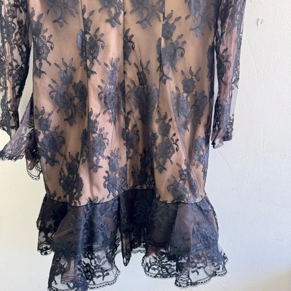 Victor Costa Black Lace Long Sleeve Tiered Mini Dress over Nude Slip - Picture 11 of 14